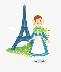 卡通埃菲尔铁塔和巴黎姑娘素材