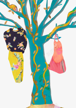 油画挂在树枝上的衣服素材