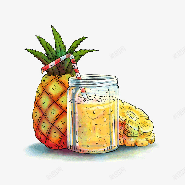 手绘新鲜菠萝和菠萝汁png免抠素材_88icon https://88icon.com 卡通水果 手绘 新鲜菠萝 菠萝汁 黄色
