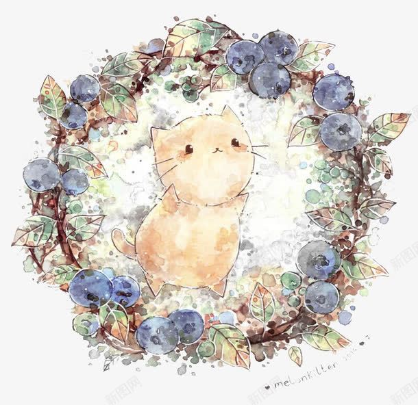 插画猫png免抠素材_88icon https://88icon.com 可爱 插画猫 紫色 花圈 装饰