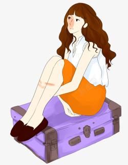 卡通手绘坐在行李箱的女孩素材