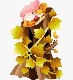 卡通藏在树里的小女孩和松鼠素材