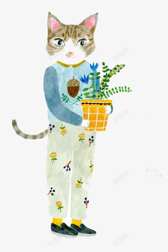 水彩插画人物猫png免抠素材_88icon https://88icon.com 人物 插画 水彩 猫