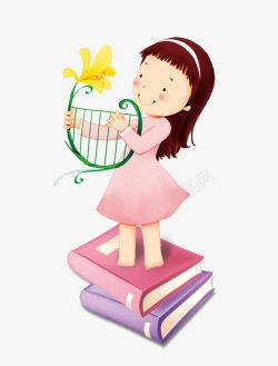 卡通穿着粉色裙子的弹竖琴的女孩素材