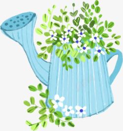 蓝色卡通喷壶植物白色小花素材