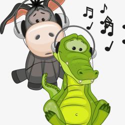 戴耳机听音乐的驴与鳄鱼素材