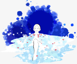 手绘插图女孩浴池泡澡素材