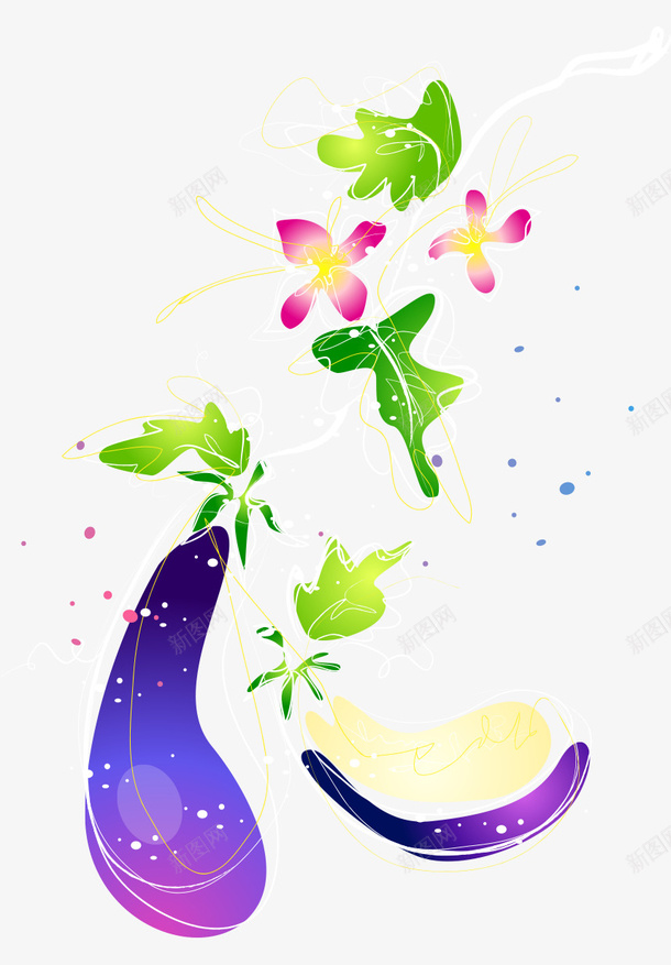 卡通手绘花朵叶子精美茄子插画矢量图ai免抠素材_88icon https://88icon.com 卡通的植物 手绘的茄子 精美的花朵 绿色的叶子 茄子的插画 矢量图