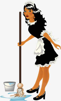 卡通人物插图擦地板的女佣人素材