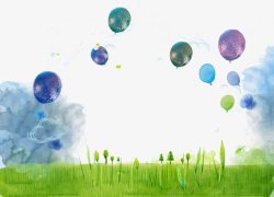 手绘水彩气球草地装饰背景素材