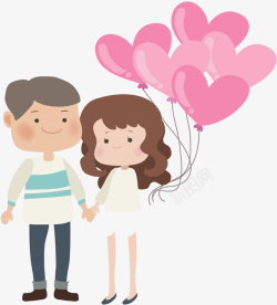 手牵手拿着粉色爱心气球的情侣矢量图素材