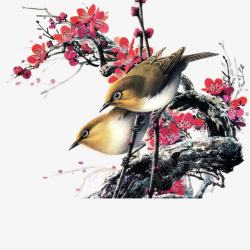 水彩中国风两只小鸟褐色树枝素材