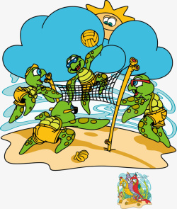 卡通沙塘玩排球的乌龟矢量图素材