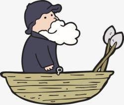 卡通老人船上钓鱼素材