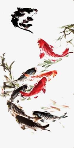手绘黑红色中国风金鱼素材