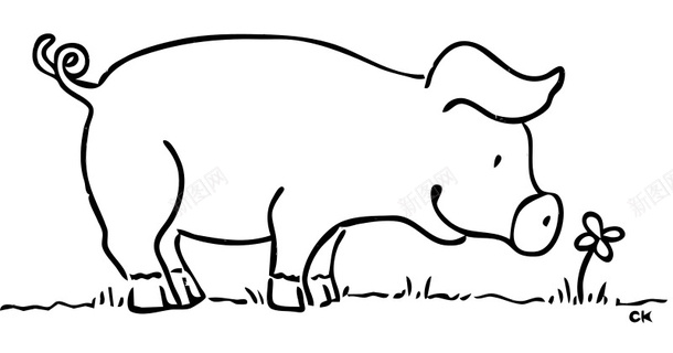手绘的卡通闻花的猪图标图标