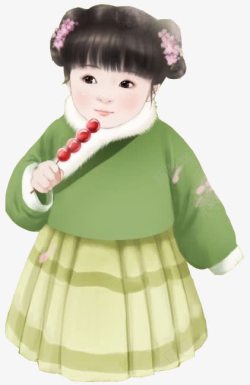 手绘卡通吃糖葫芦的女孩素材