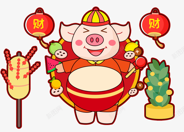 2019新年卡通猪年形像psd免抠素材_88icon https://88icon.com 2019 中国风 卡通 新年 新年卡通 灯笼 猪年 糖葫芦 美食