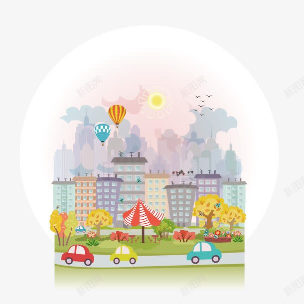 手绘的梦幻城市png免抠素材_88icon https://88icon.com 云朵 城市 太阳 手绘 热气球 车辆