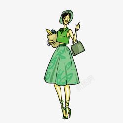 卡通手绘绿色短裙美女人物素材