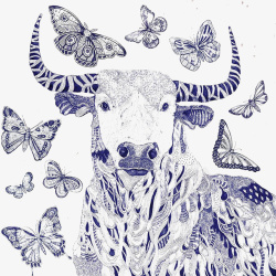 蓝色手绘牛和蝴蝶图案素材