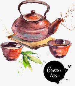 手绘水彩茶壶和绿茶矢量图素材