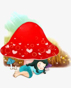 手绘卡通女孩蘑菇素材