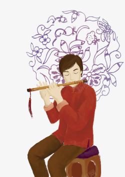 中国水彩插画青年在吹笛子素材