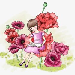坐在花朵上看书的女孩素材