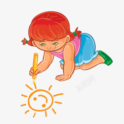 卡通手绘画太阳的小女孩矢量图素材