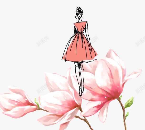 卡通手绘站在花上的女孩png免抠素材_88icon https://88icon.com 卡通 手绘 站在花上的女孩 粉色的花朵 红色的裙子