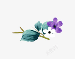 手绘蓝色叶子紫色花朵素材