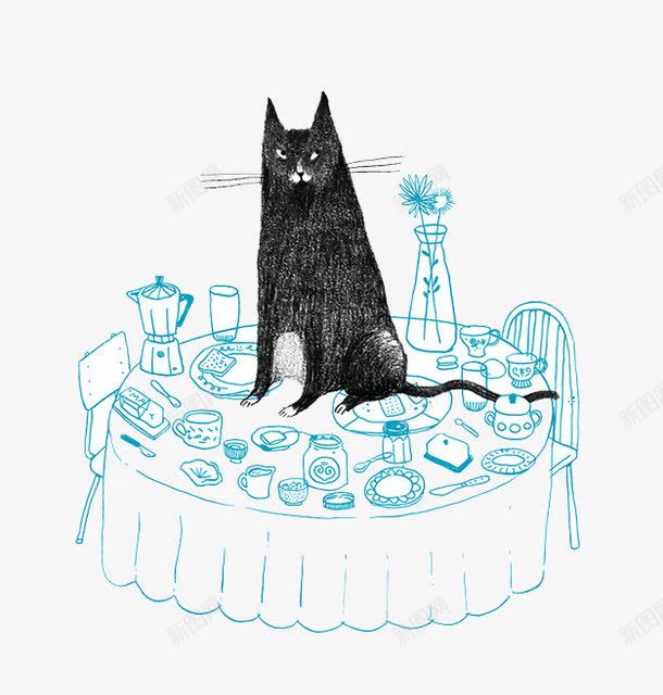 创意插画图案png免抠素材_88icon https://88icon.com 创意图案 餐桌上的黑猫 黑猫