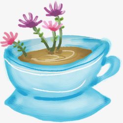 蓝色创意咖啡杯植物小花素材