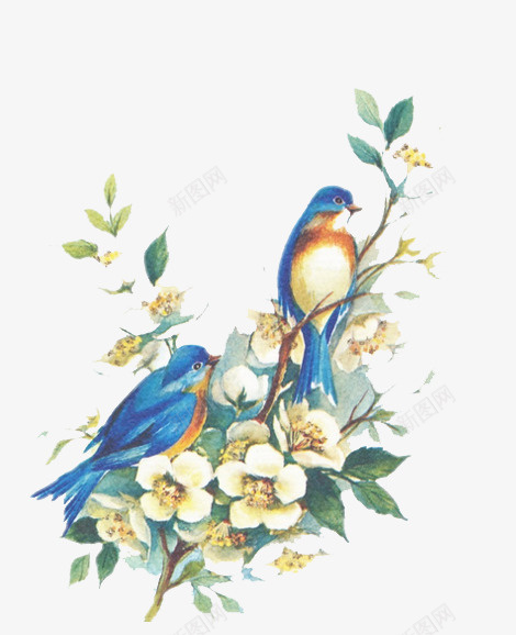 水彩画枝头鸟png免抠素材_88icon https://88icon.com png图 树叶 花 蓝色 鸟