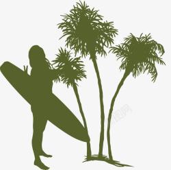 夏季女子冲浪板椰子树素材