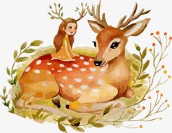 手绘小鹿与女孩素材