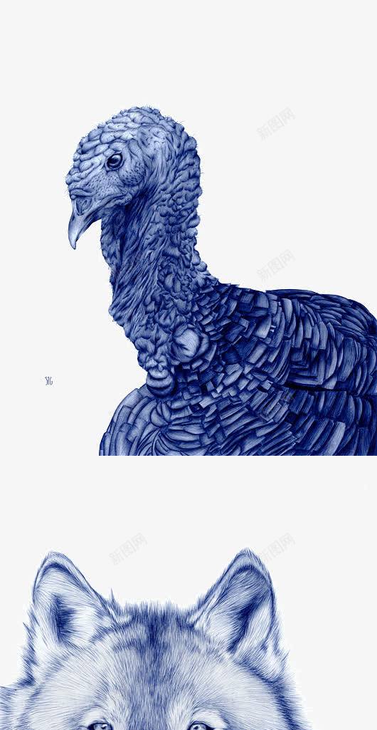 创意动物钢笔画png免抠素材_88icon https://88icon.com 写实 创意 动物 蓝色 钢笔画