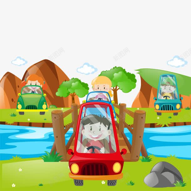 玩具车上孩子们png免抠素材_88icon https://88icon.com 孩子 小河 插画 汽车 玩具车 白云 风景