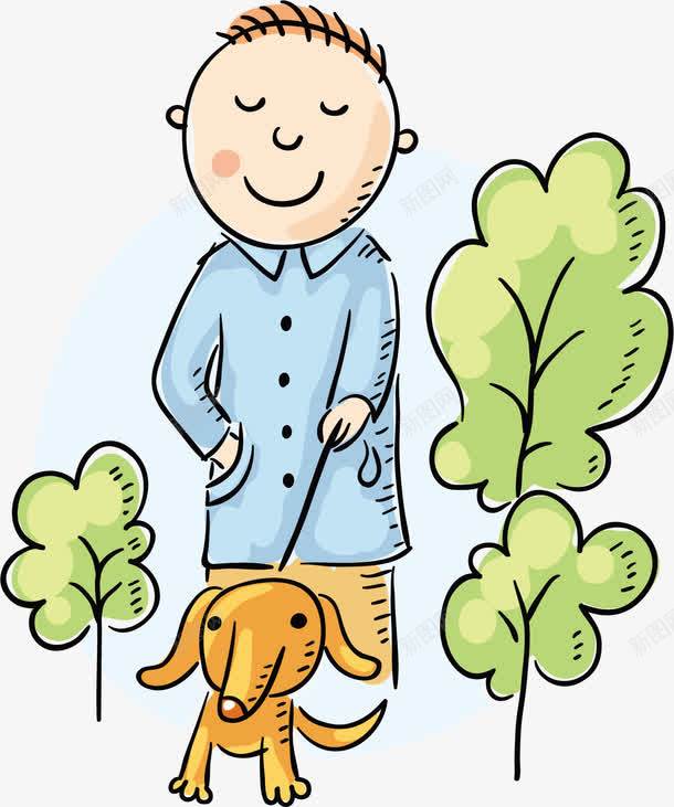 遛狗的小男孩png免抠素材_88icon https://88icon.com 卡通手绘 可爱 孩子 树木 水彩 男孩 男生 绿色 遛狗