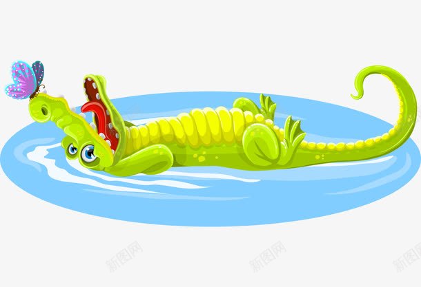 卡通手绘可爱鳄鱼水上蝴蝶png免抠素材_88icon https://88icon.com 卡通的动物 可爱的鳄鱼 手绘的鳄鱼 水上蝴蝶