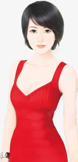 手绘红裙短发女子素材