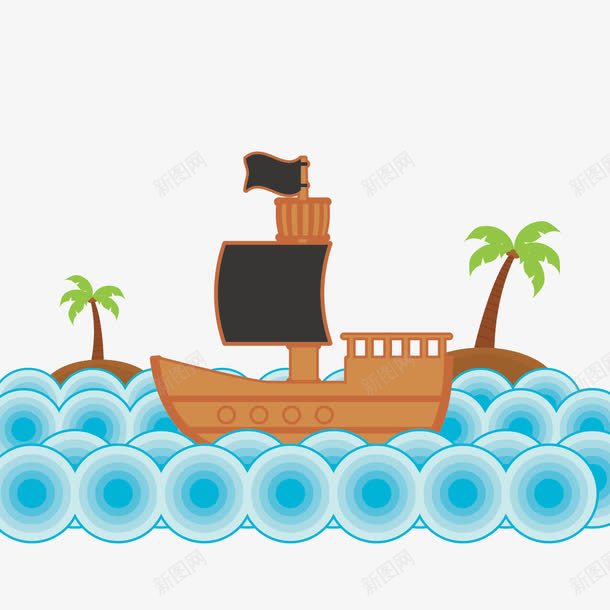 水浪和船矢量图ai免抠素材_88icon https://88icon.com 卡通椰子树 椰子树 水浪 船 矢量图