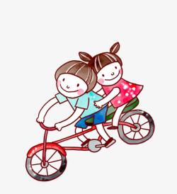 卡通手绘小男孩骑自行车带小女孩素材