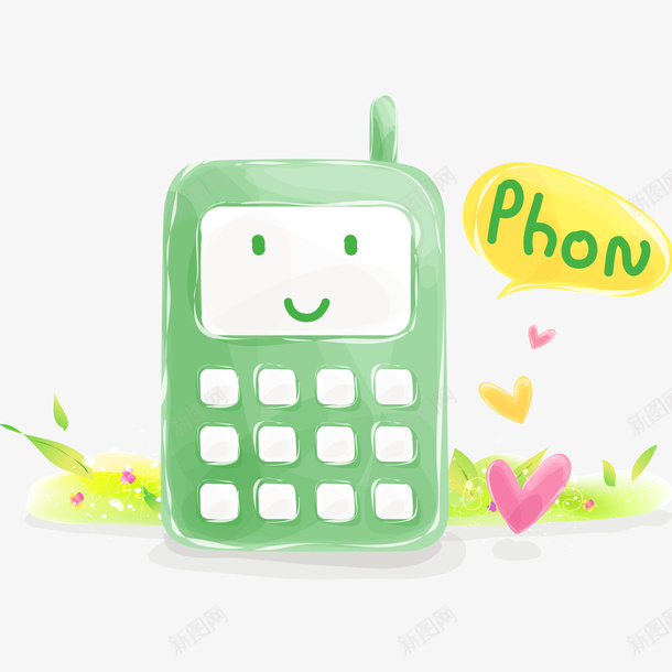 绿色卡通手机装饰png免抠素材_88icon https://88icon.com 卡通手机 手机 手绘手机 爱心 绿色手机 草地