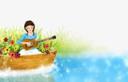 小船上弹吉它的女孩素材