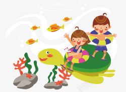 红黄游泳圈坐在乌龟上的儿童高清图片