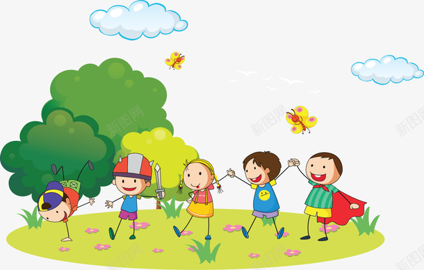 卡通手绘开心的孩子png免抠素材_88icon https://88icon.com 创意 动漫动画 卡通手绘 开心的孩子 树木 白云 简约