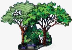 手绘绿色公园休憩素材