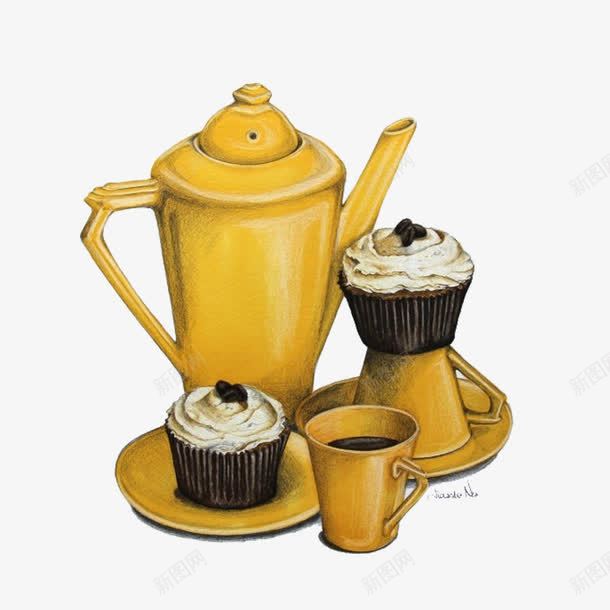 咖啡壶和美味的小点心png免抠素材_88icon https://88icon.com 点心 茶壶 蛋糕 金色